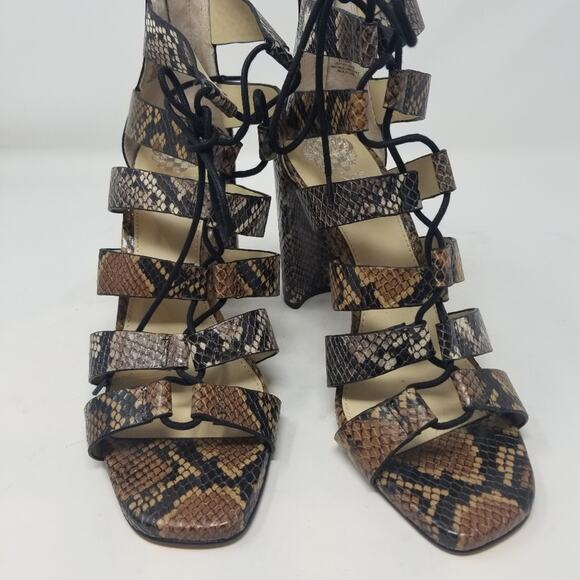 Vince Camuto NEW Block Heel Snake Sandals Black and Brown Zipper Back Size 9 1/2 - Picture 3 of 12